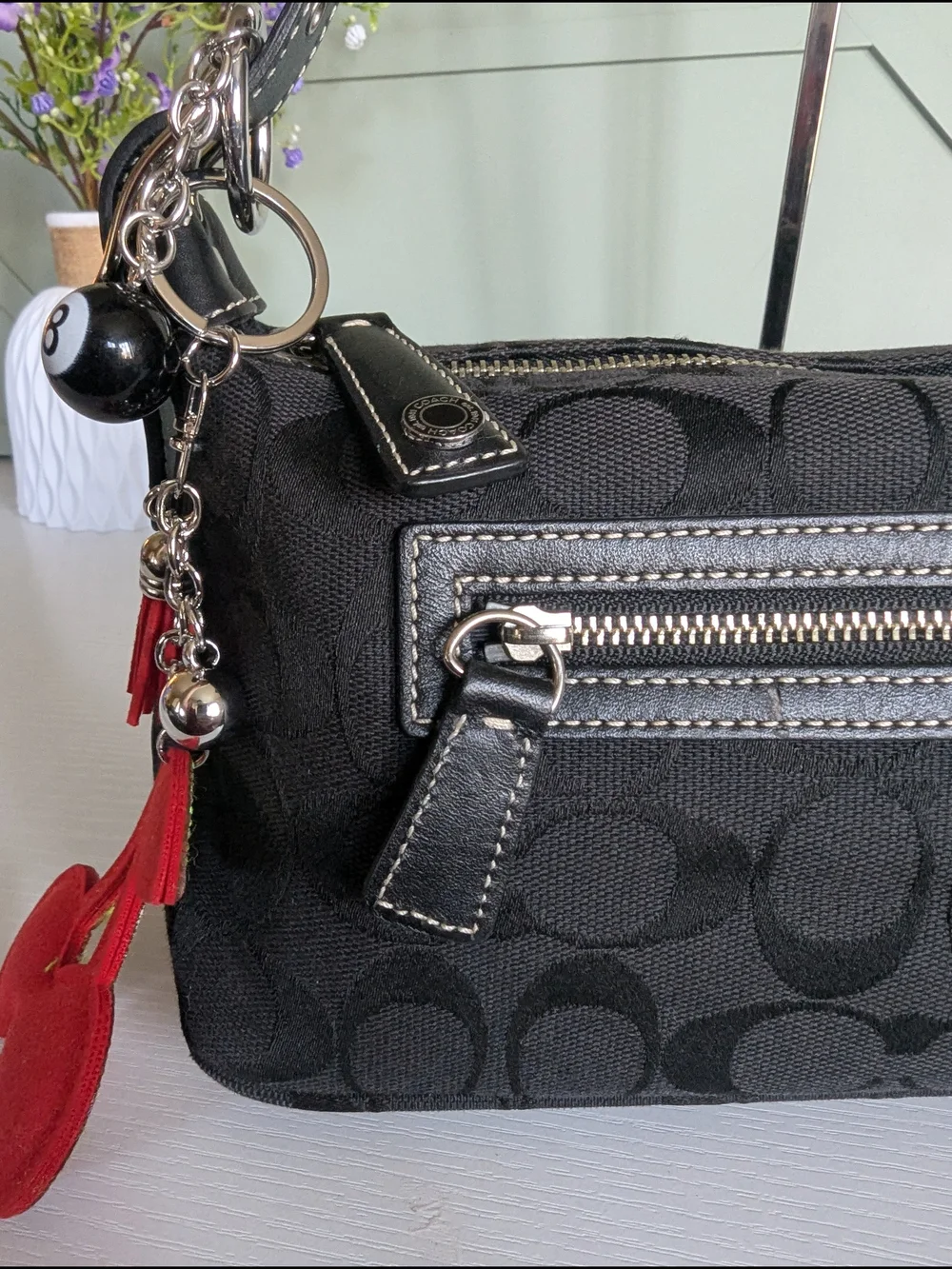 Coach Black Signature Jacquard Shoulder Bag with Charm